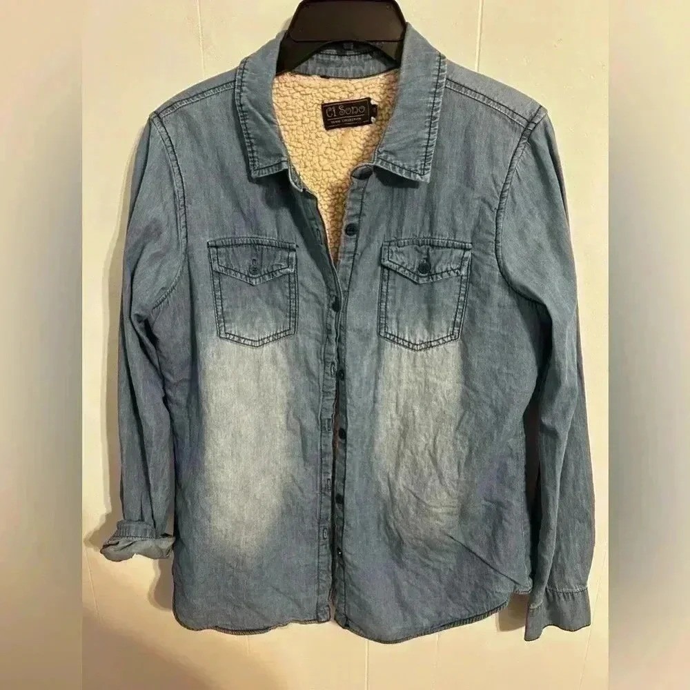 Ci Sono Womens Light Wash Sherpa Lined‎ Denim Shirt Jacket Blue CTP71F Size M